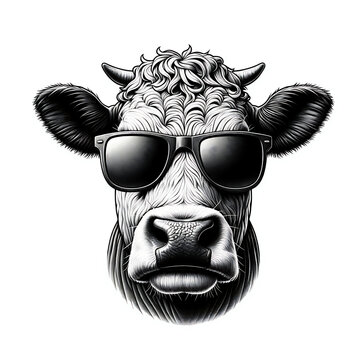 recommend clip art: Monochrome illustration of a hereford cow head wearing sunglasses