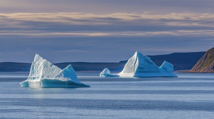 Majestic icebergs gracefully floating in a serene ocean landscape under a soft, pastel sky, reflecting the beauty of the cold environment.