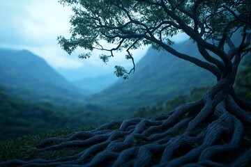 A serene landscape featuring a majestic tree with intricate roots, set against a backdrop of misty mountains and lush greenery