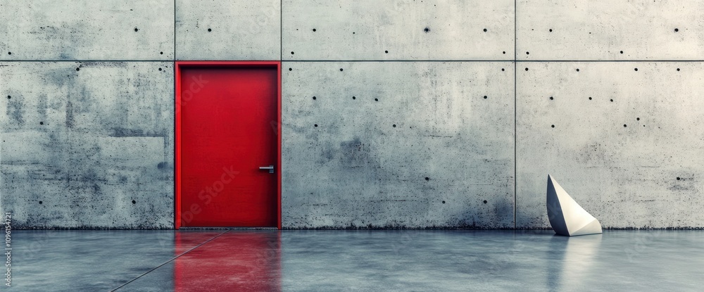 Poster a minimalist scene featuring a red door against a concrete wall and a geometric object.