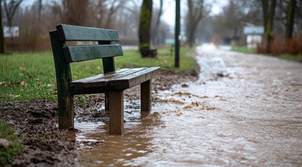 A solitary wooden bench surrounded by floodwaters in a quiet park setting.