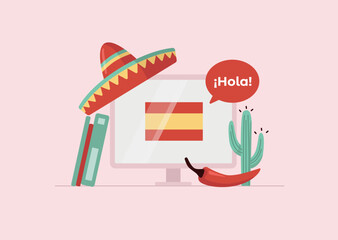 Computer on the table with sombrero and Spanish flag. Foreign language online study concept. Text "&iexcl;Hola!" in Spanish language means "Hello!". Vector illustration in flat style.