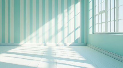 Obraz premium Spacious minimalist room with light blue striped walls, bright white flooring, and soft shadows cast by large windows creating a serene atmosphere.