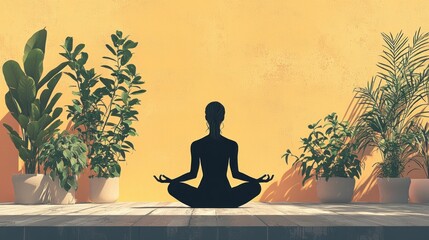 Serene Meditation Scene with Silhouette of Woman Practicing Mindfulness Surrounded by Lush Green Plants Against a Warm Yellow Background