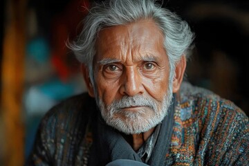 Portrait of a thoughtful elderly man with reflective expression in warm lighting