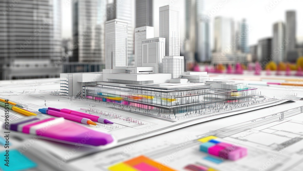 Aufkleber a detailed architectural model displayed on blueprints in an urban setting.