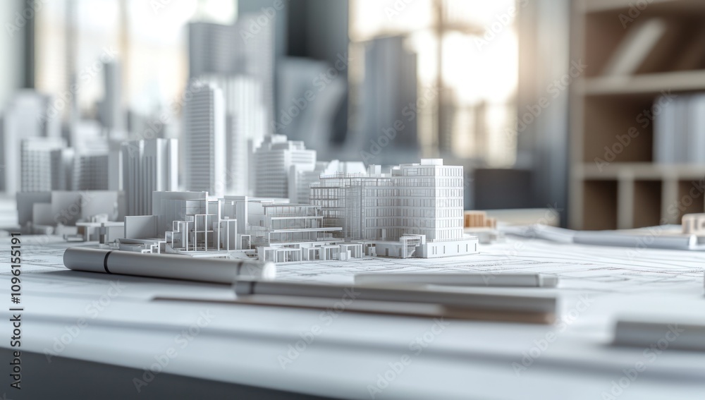 Poster a detailed architectural model of a cityscape on a design table.
