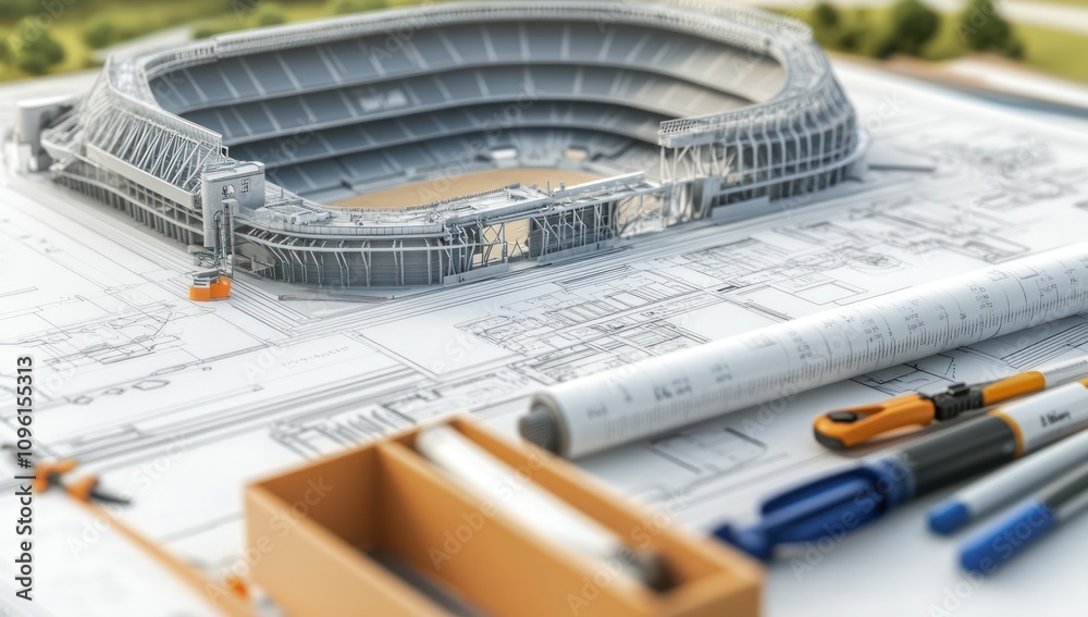 Poster architectural blueprint of a stadium with drafting tools and plans.