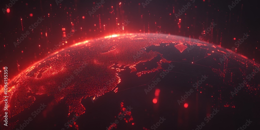Poster a digital representation of earth with glowing red elements, suggesting technology and connectivity.