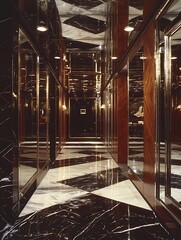Luxurious Interior Corridor with Black and White Marble Flooring and Reflective Walls.
