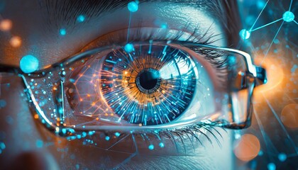 Close-up of Eyes with Glasses Reflecting Cybersecurity Technology, Representing Digital Security,...