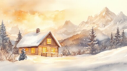 Fototapeta premium A Cozy Cabin in the Snow-Covered Mountains at Sunset