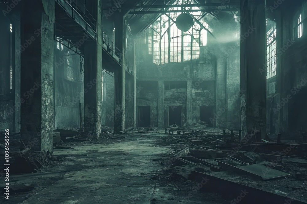 Poster An abandoned industrial space with decaying structures and shafts of light filtering through windows.