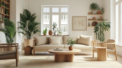 Modern Living Room with Plants and Cozy Neutral Tones