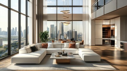 Modern Luxury Living Room with Panoramic City View and Natural Light