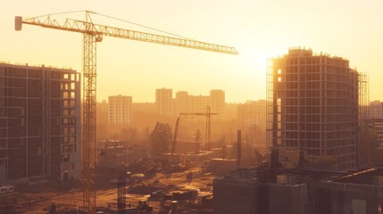Sunrise over a city construction site with cranes and high-rise buildings under construction.