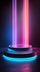 Contemporary dark podium with futuristic neon light holographic display