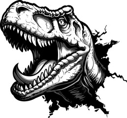 Angry tyrannosaurus crashes the wall. Vector illustration isolated