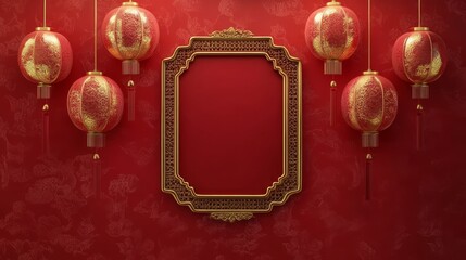 A red wall with gold trim and a frame