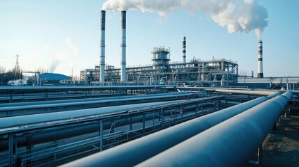 Obraz premium Industrial Landscape with Pipelines and Smokestacks Under Blue Sky