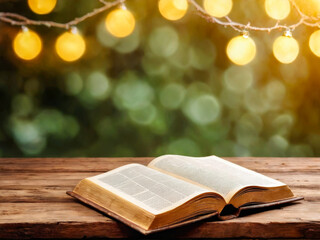 Open Book on Wooden Table with Fairy Lights Background