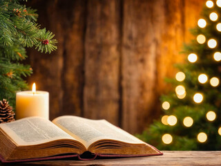 Christmas Bible with Candle and Pine Tree