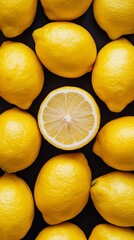 Bright yellow lemons arranged on a dark black background, with one lemon cut in half displaying its interior. Highlights contrast, freshness, and vibrant produce.