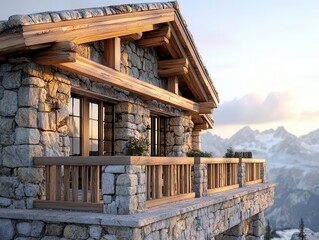 Fototapeta premium Refined mountain lodge with natural stone and wood