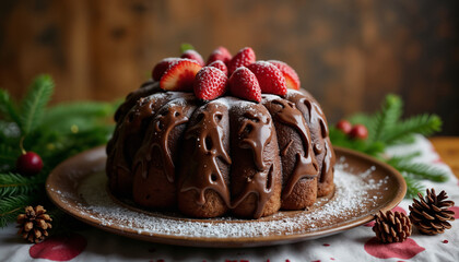 Delicious Chocolate Bundt Cake with Strawberries on Top