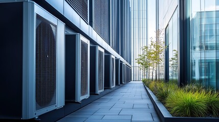 Fototapeta premium Rows of outdoor air conditioning units line the outside of a modern downtown commercial building