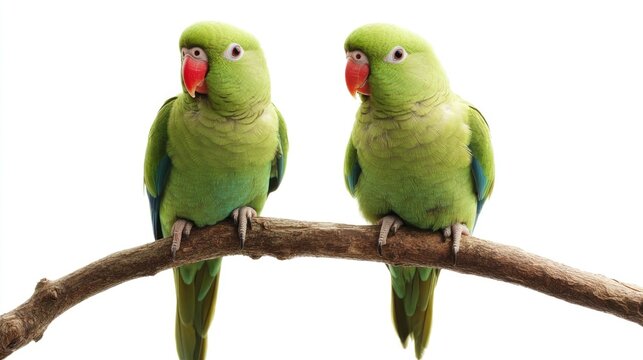 Two vibrant green parakeets sitting closely on a natural branch with bright red beaks and blue accents, set against a clean white background.