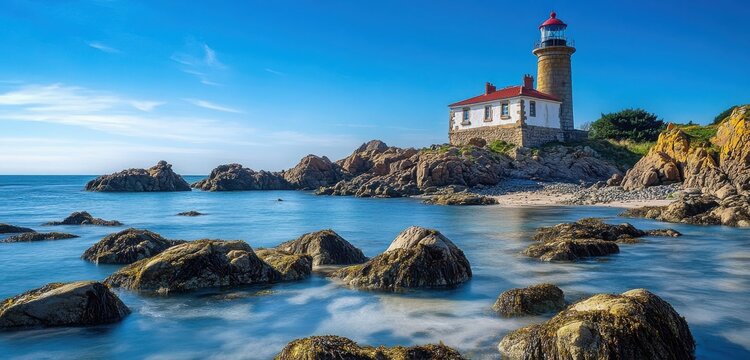 The iconic lighthouse of Plou&Atilde;&copy;zec, French Brittany, during high tide, located on an island off Guernsey in Normandy.  