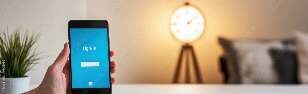 Poster a hand holding a smartphone displaying a login screen, with a lamp and plant in the background.