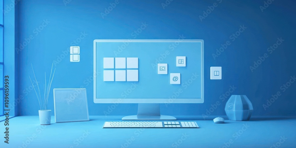 Aufkleber A minimalist workspace featuring a computer and simple design elements in a blue theme.