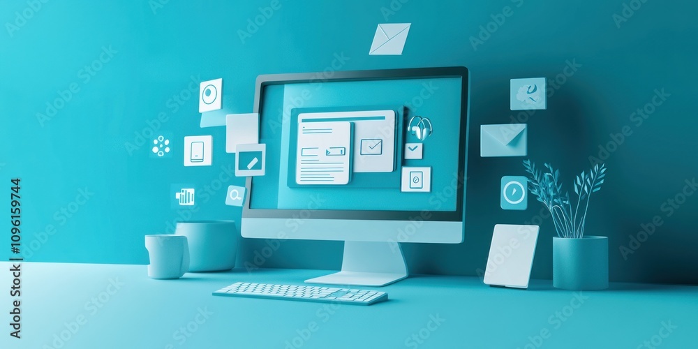 Poster A modern workspace featuring a computer with digital communication icons.