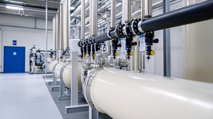 A modern industrial facility featuring pipes and valves, indicative of water treatment or processing operations in a clean environment.