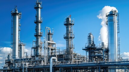 Fototapeta premium Industrial Complex with Towers and Smoke Against Blue Sky