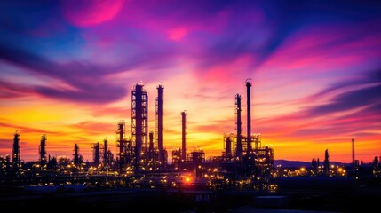 Obraz premium Vibrant Sunset Over Industrial Skyline with Refineries and Flare Stacks