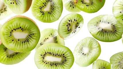 Fototapeta premium Sliced kiwi fruit pieces cascading through the air with vibrant green hues and delicate seeds against a clean white background