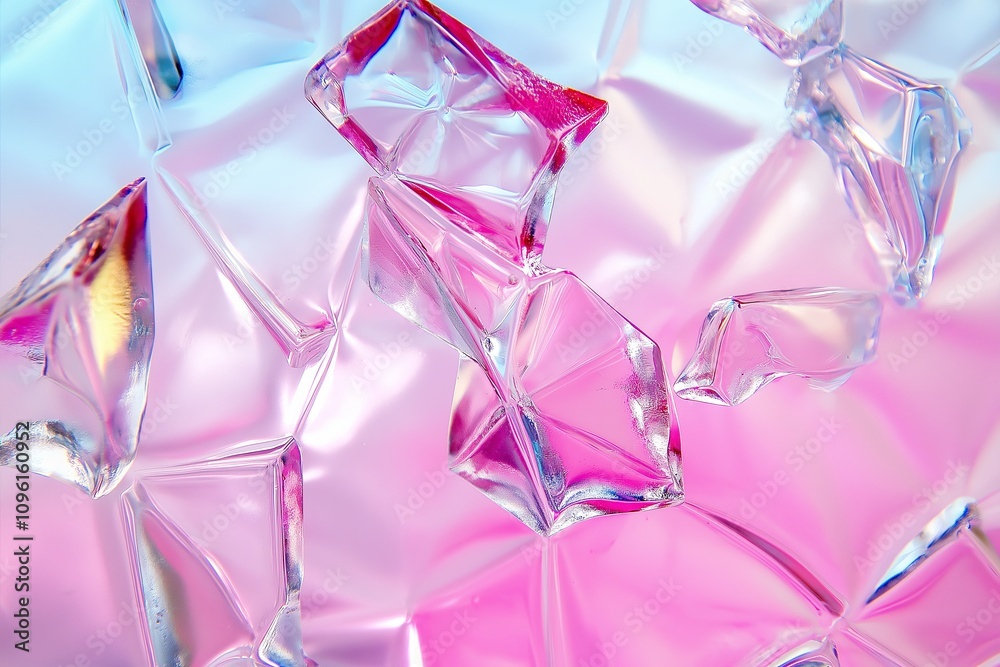 Poster pastel-colored ice crystals forming geometric patterns on a frosted window.