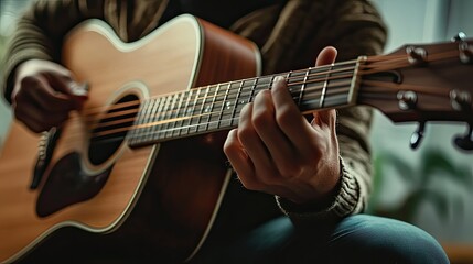 Obraz premium Close-up of Hands Playing Acoustic Guitar in Soft Natural Light