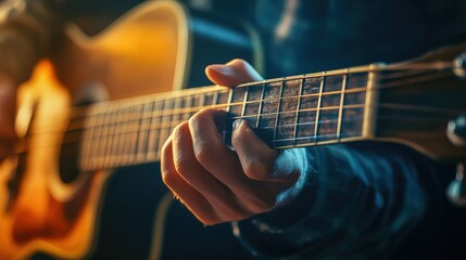 Fototapeta premium Close-up of a Person Playing Acoustic Guitar in Warm Lighting