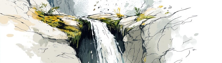 A serene waterfall cascading through rocky terrain with lush greenery.