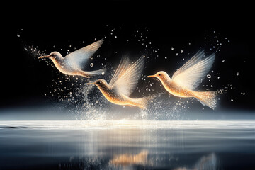 Golden Terns Splashing in Synchrony on a Reflective Water Surface