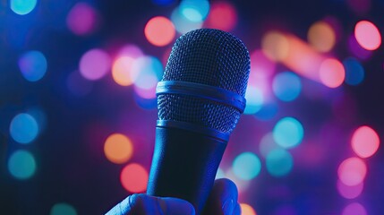 Close-Up of a Microphone Against a Colorful Bokeh Background
