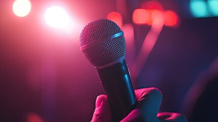 Close-up View of Hand Holding a Microphone Under Vibrant Lights