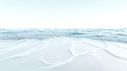 Gentle ocean waves lapping against a pristine white sandy beach under a bright, clear sky, creating a tranquil and serene coastal scene.
