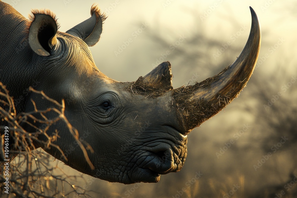 Poster a close-up of a rhinoceros in a natural setting, showcasing its features and environment.