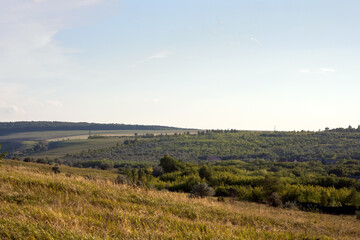 Scenic countryside landscape with rolling hills and lush greenery.