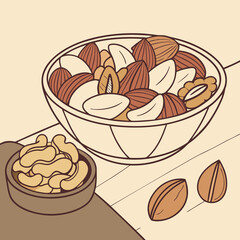 A bowl filled with various nuts placed on a wooden table, showcasing a mix of textures and colors.